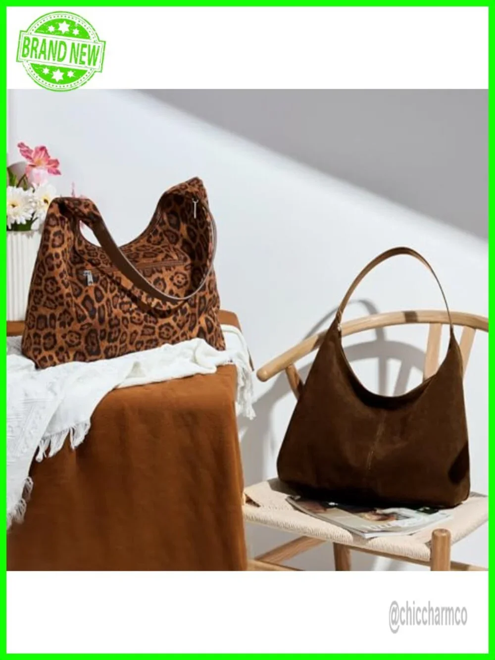 Casual Hobo Tote Bag - Faux Suede Leather with Zipper Closure